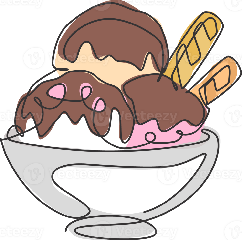 One single line drawing of fresh delicious ice cream cup with wafer stick and wafer roll illustration. Dessert menu restaurant concept. Modern continuous line draw design street food logotype png