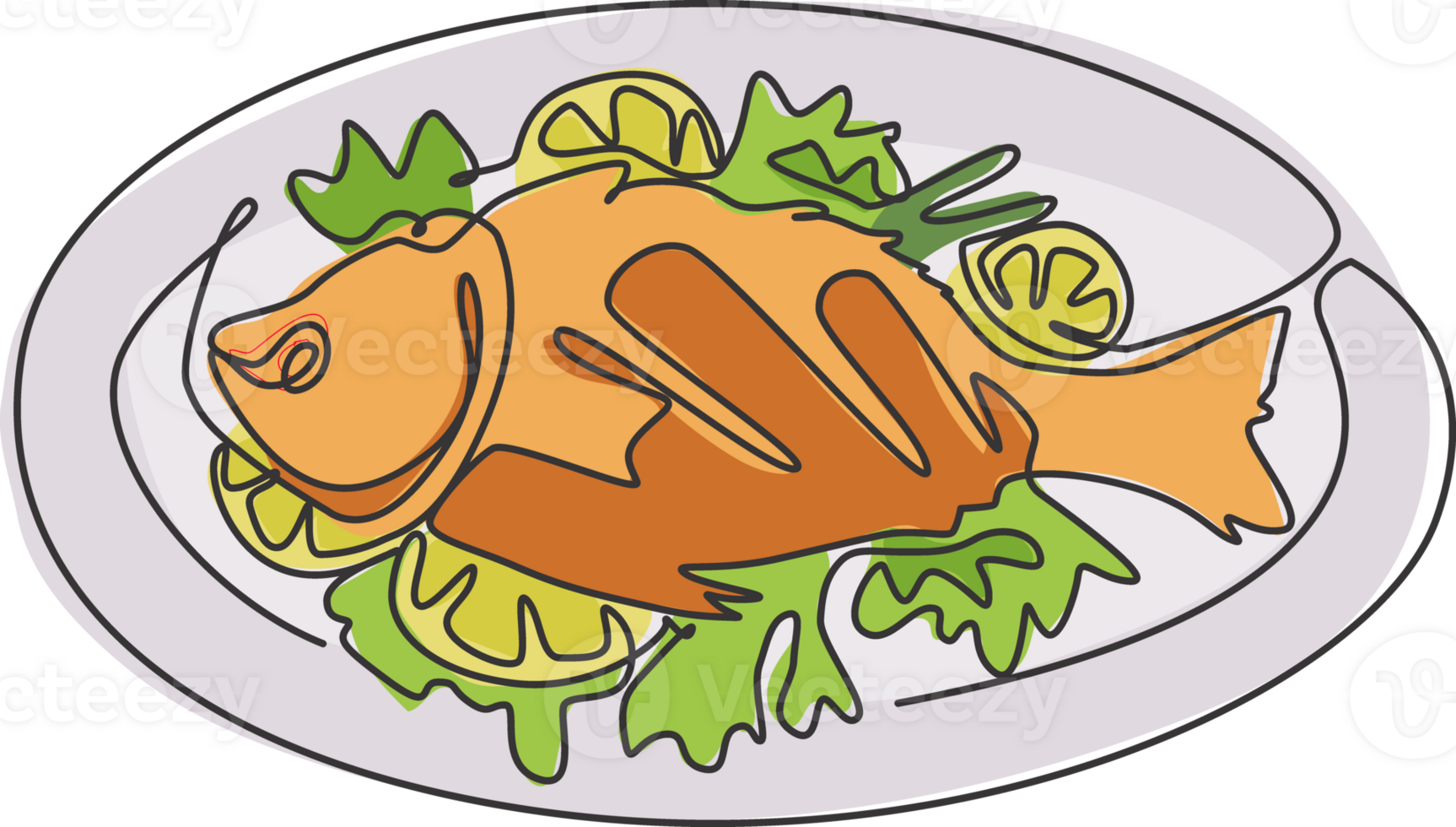 One continuous line drawing fresh delicious baked sea fish on plate restaurant logo emblem. Seafood menu cafe shop logotype template concept. Modern single line draw design graphic illustration png