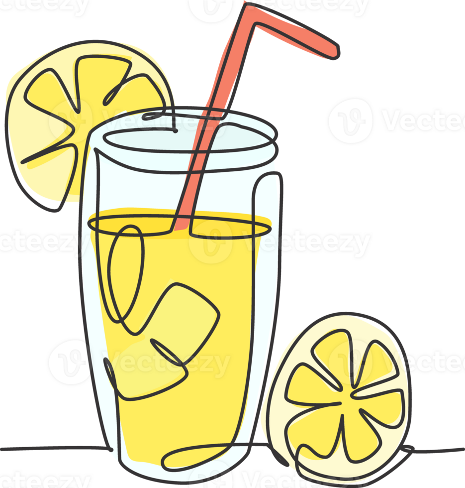 One continuous line drawing of fresh delicious lemonade ice with sliced lemon for restaurant menu. Drink cafe shop logotype template concept. Modern single line draw design graphic illustration png