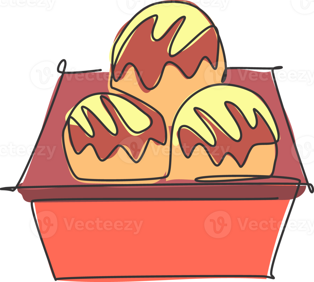 Single continuous line drawing of stylized Japanese takoyaki ball logo label. Emblem seafood restaurant concept. Modern one line draw design illustration for cafe, shop or food delivery service png