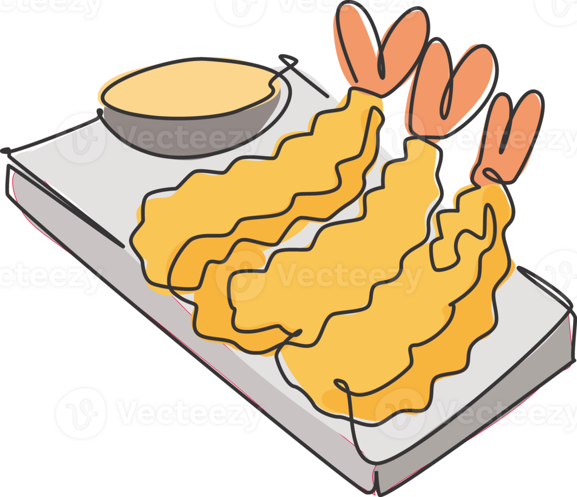 Single continuous line drawing of stylized crunchy Japan tempura logo label. Emblem seafood restaurant concept. Modern one line draw design illustration for cafe, shop or food delivery service png