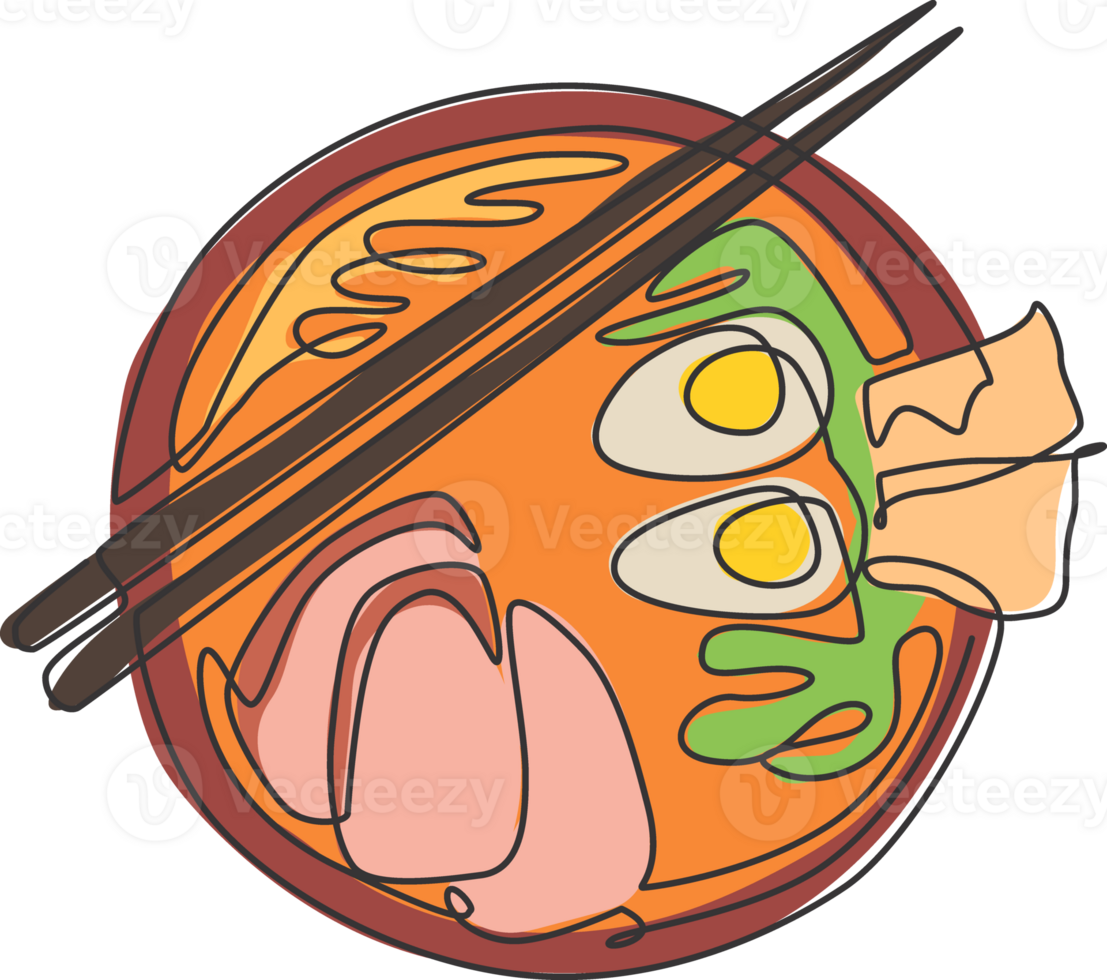 Single continuous line drawing of stylized Japanese ramen logo label, top view. Fast food noodle restaurant concept. Modern one line draw design illustration for cafe or food delivery service png