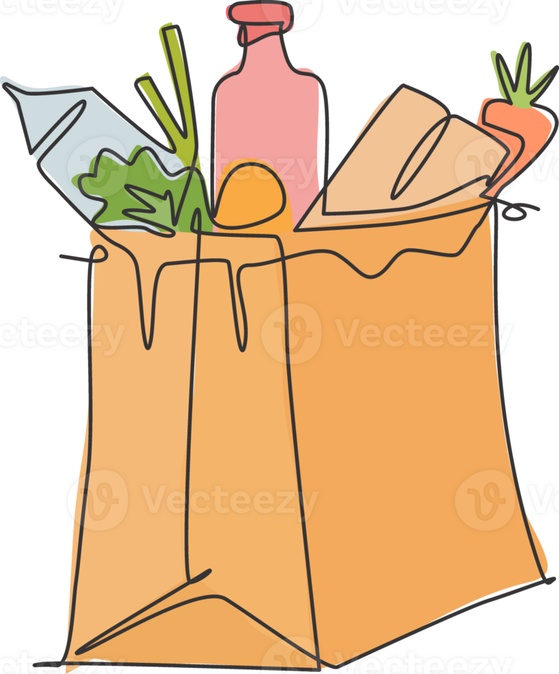 One single line drawing of fresh paper grocery bag contain milk, carrot, milk, bread inside vector illustration graphic. Staple food concept. Modern continuous line draw grocery store design png