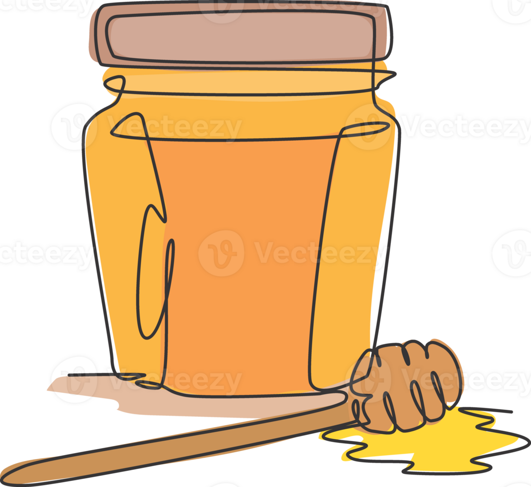 Single continuous line drawing of stylized sweet honey on glass jar with wooden dipper icon. Healthy organic supplement concept. Modern one line draw design vector illustration for natural food store png