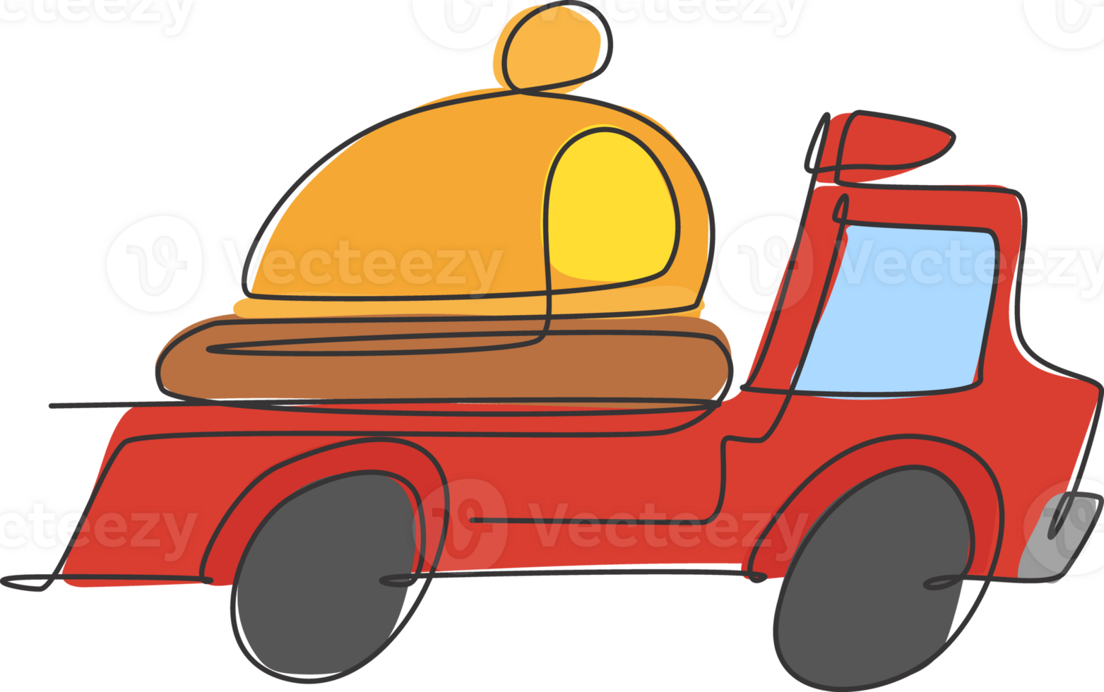 One continuous line drawing truck box car carrying tray cover cloche for food delivery service logo emblem. Cafe shop food delivery concept. Modern single line draw design graphic illustration png