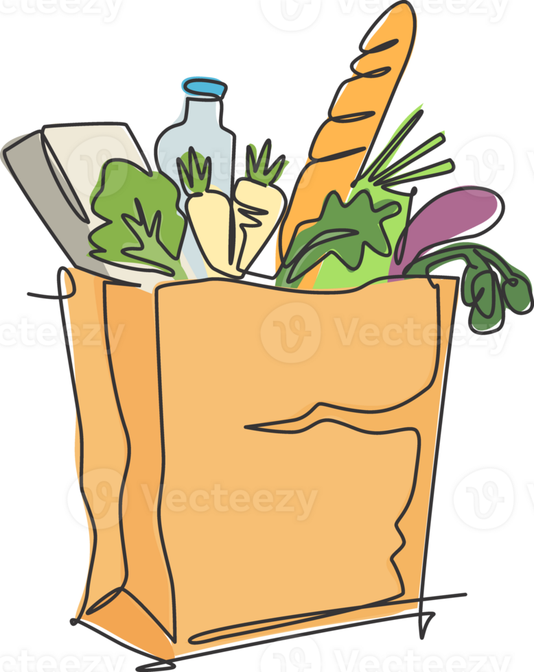 One continuous line drawing of fresh delicious vegetables, milk, baguette, and bread inside paper grocery bag. Staple food concept. Modern single line draw design vector graphic illustration png