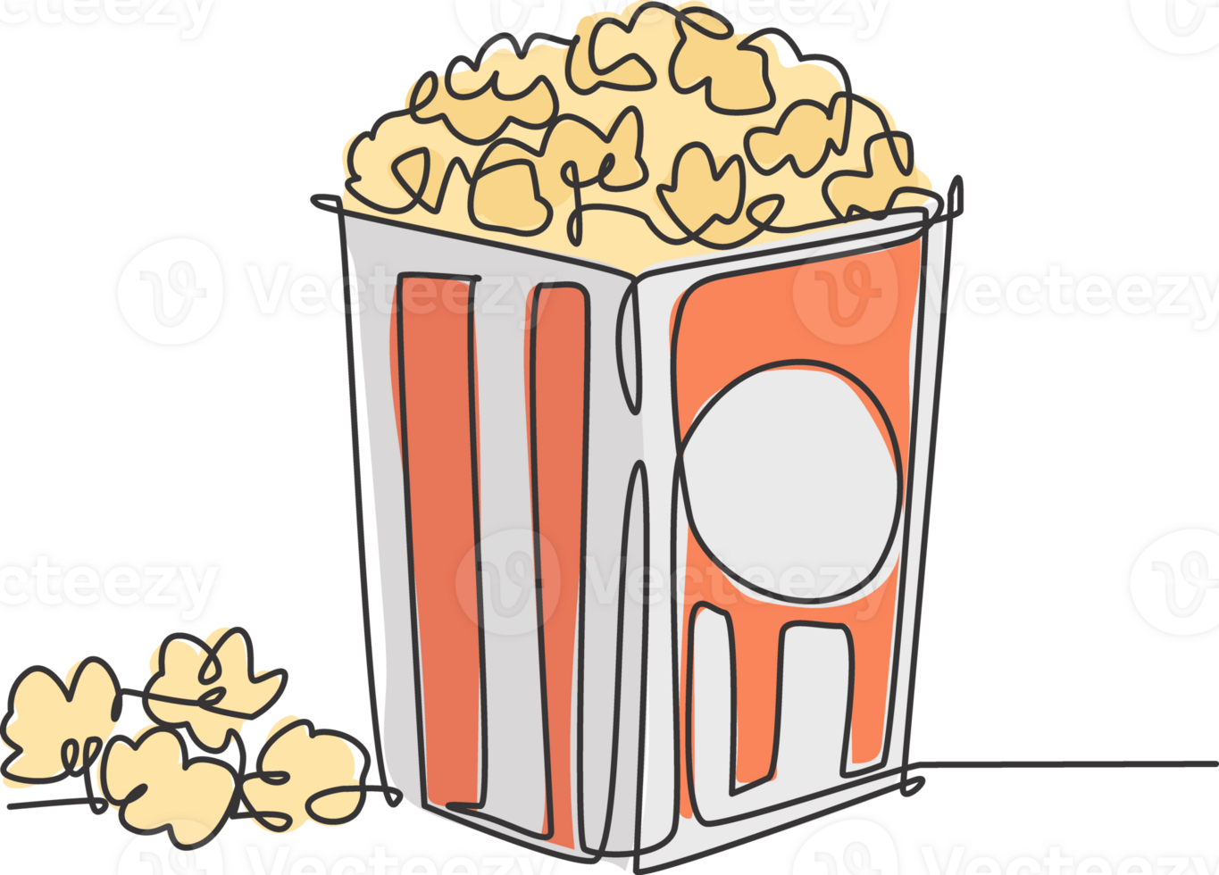 One continuous line drawing of fresh sweet delicious pop corn with stripped pattern paper box . Snack for watching movies concept. Modern single line draw design graphic vector illustration png