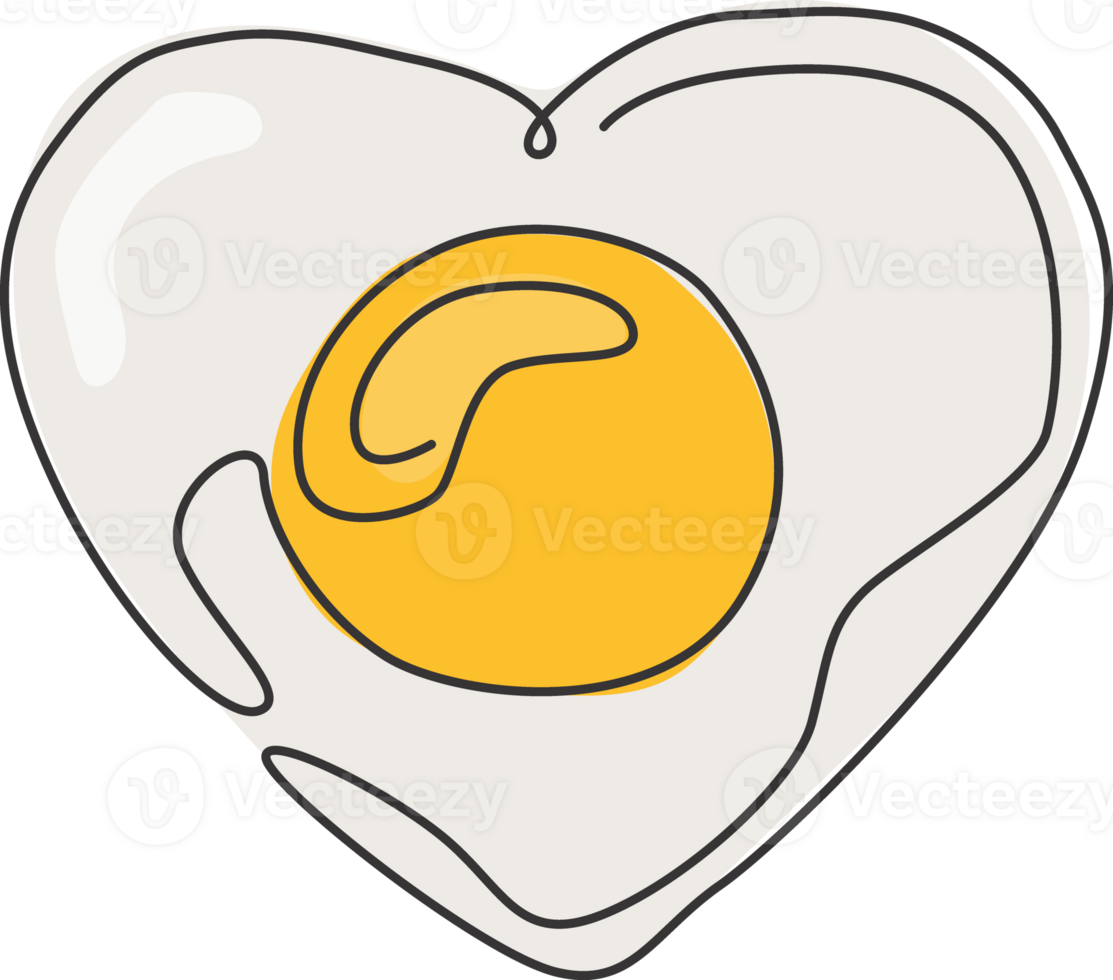 One single line drawing of fresh sunny side up egg with love shape logo illustration. Breakfast food cafe menu and restaurant badge concept. Modern continuous line draw design food logotype png
