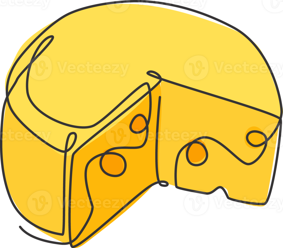 One single line drawing of fresh sliced round French cheese logo graphic illustration. Grocery store and cake shop badge concept. Modern continuous line draw design street food logotype png