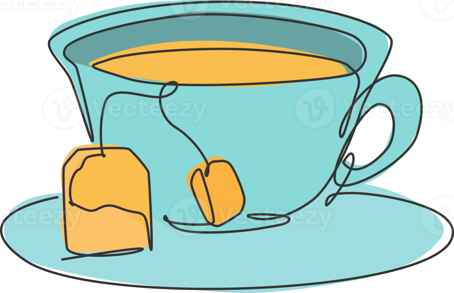One continuous line drawing hot fresh glass cup of tea for tea shop logo emblem. Tea with teabag and drink coaster logotype template concept. Modern single line draw design graphic illustration png