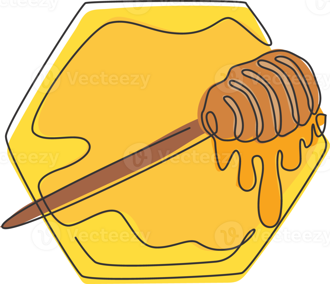 One single line drawing of fresh sweet honey on wooden dipper dripped from honeycomb vector graphic illustration. Organic natural food concept. Modern continuous line draw healthy supplement design png