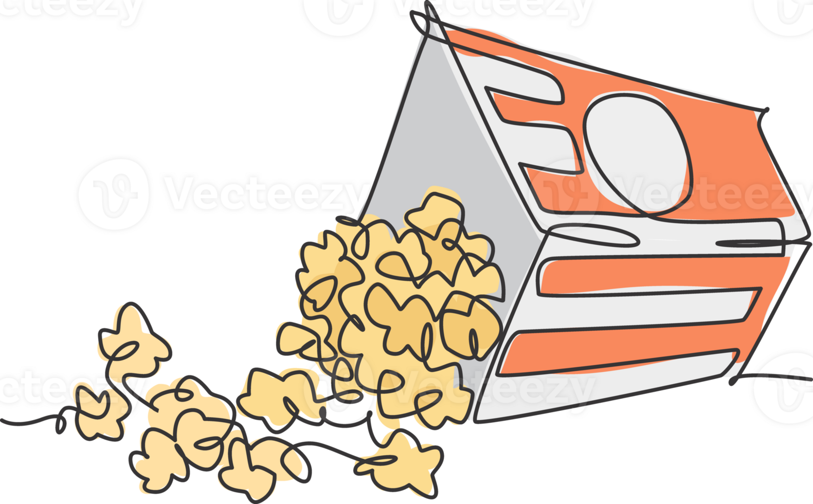 Single continuous line drawing of stylized scattered sweet pop corn on table. Snack for watching movies concept art. Modern one line draw design vector graphic illustration png