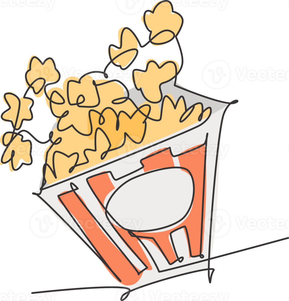 One single line drawing of fresh salty popcorn with stripped patter paper box vector graphic illustration. Snack for watching movies concept. Modern continuous line draw design png