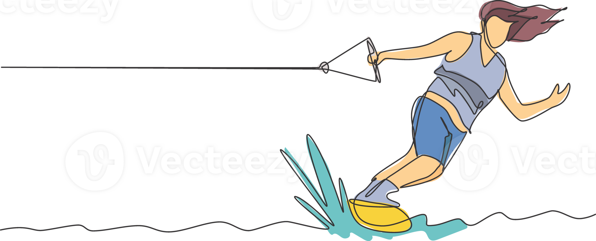 uno singolo linea disegno di giovane sportivo uomo giocare wakeboard nel il mare spiaggia illustrazione. salutare stile di vita e estremo sport concetto. estate vacanza. moderno continuo linea disegnare design png