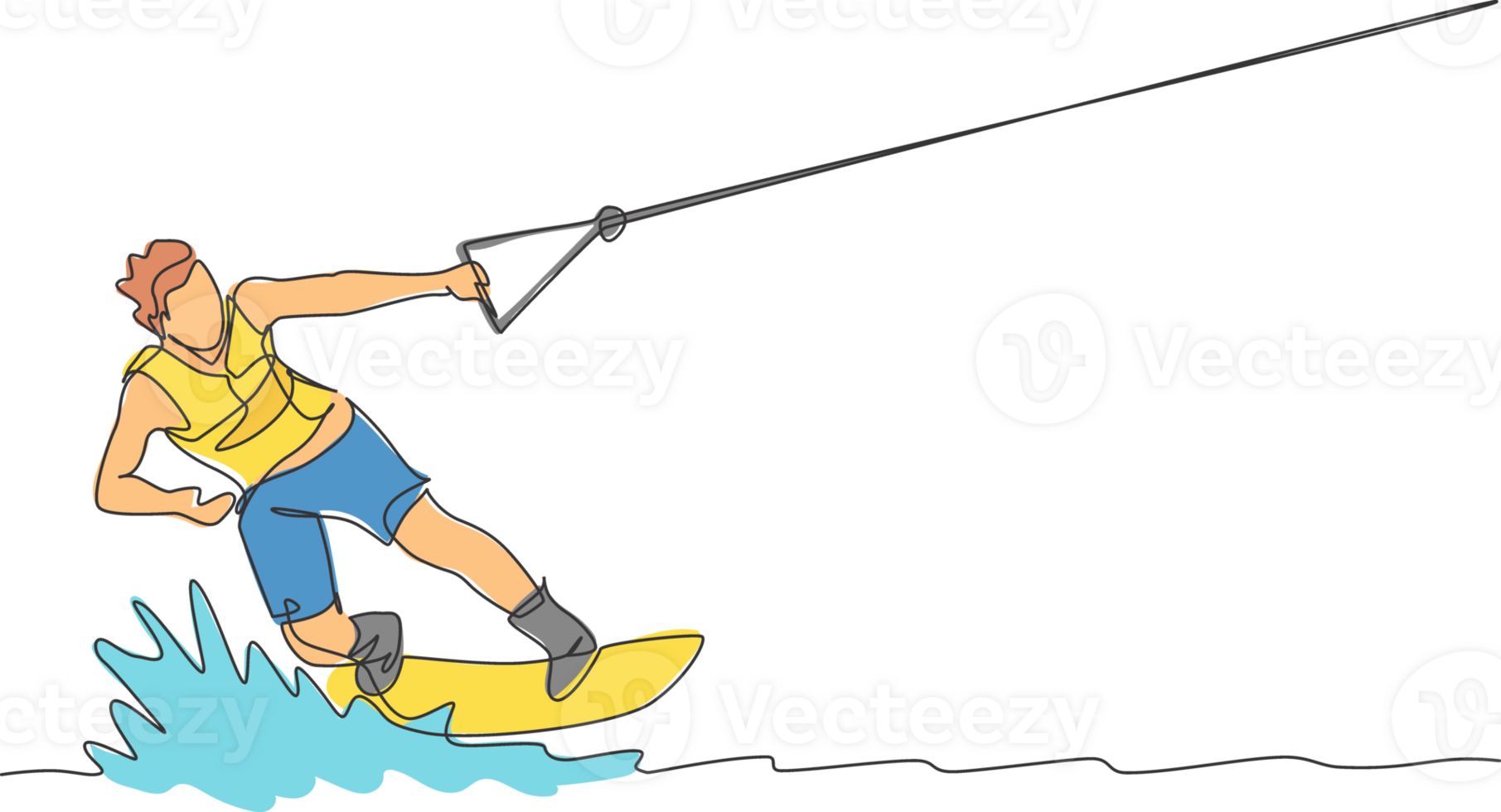 Single continuous line drawing of young sporty surfer man playing wakeboarding in the sea. Extreme dangerous sea sport concept. Summer holiday vacation. Trendy one line draw design illustration png