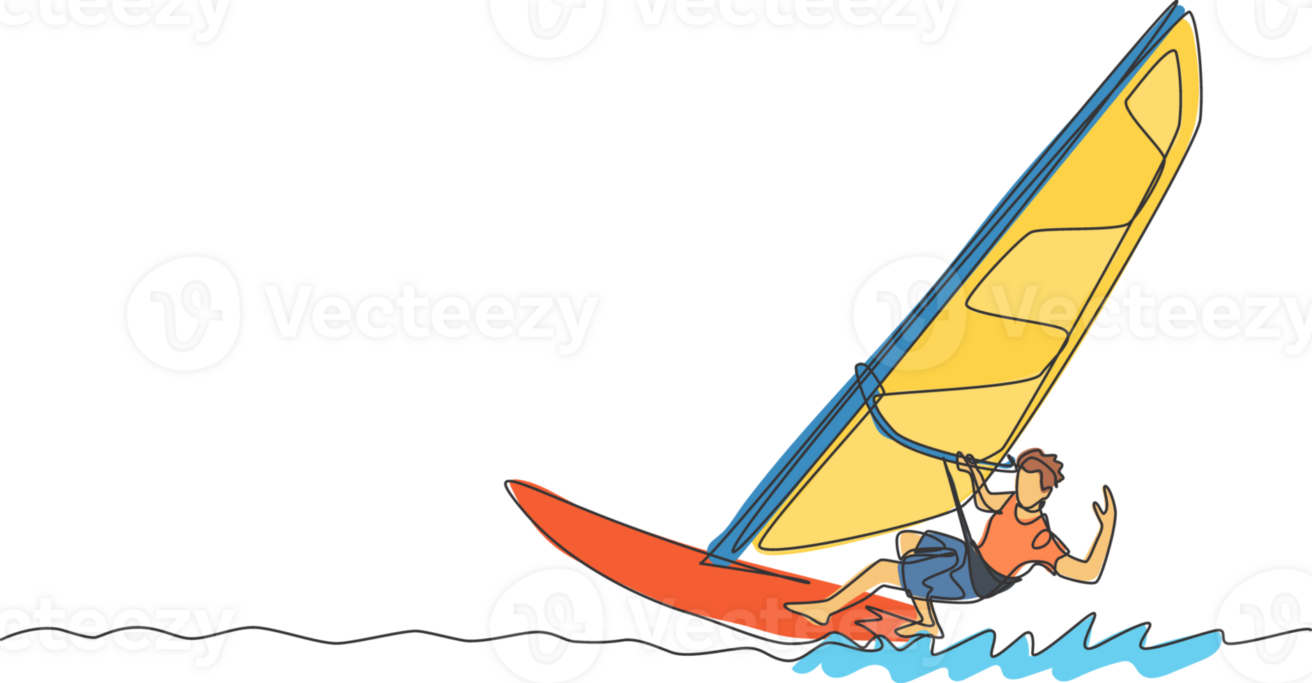 Single continuous line drawing of young sporty surfer man playing windsurfing in the sea. Extreme dangerous sea sport concept. Summer holiday vacation. Trendy one line draw design illustration png