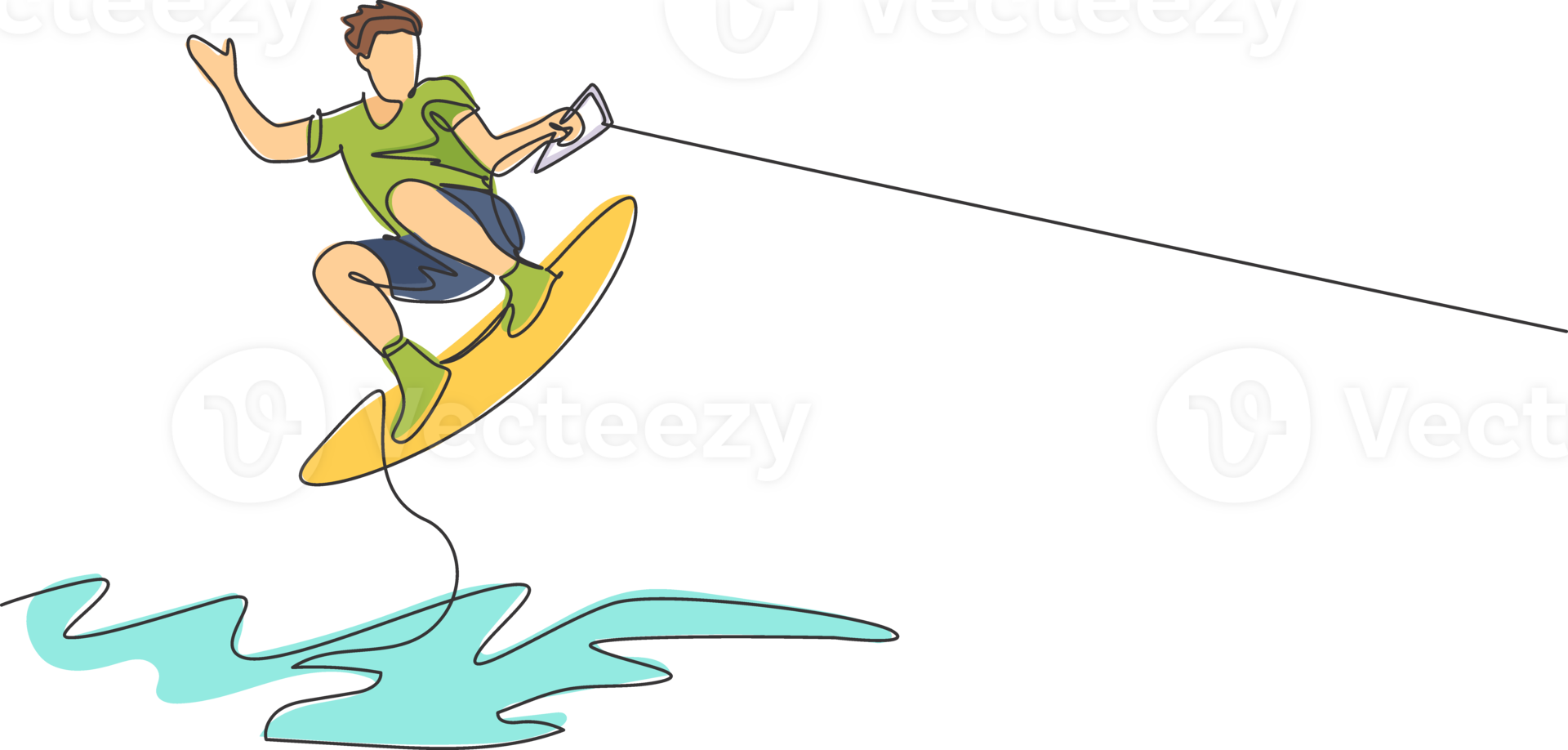 One single line drawing of young sporty man play wakeboarding in the sea beach illustration. Healthy lifestyle and extreme sport concept. Summer vacation. Modern continuous line draw design png