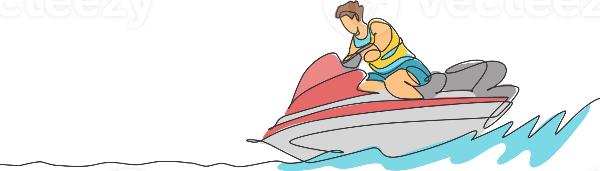 One single line drawing young sporty man play jet skiing in the sea beach graphic illustration. Healthy lifestyle and extreme sport concept. Summer vacation. Modern continuous line draw design png