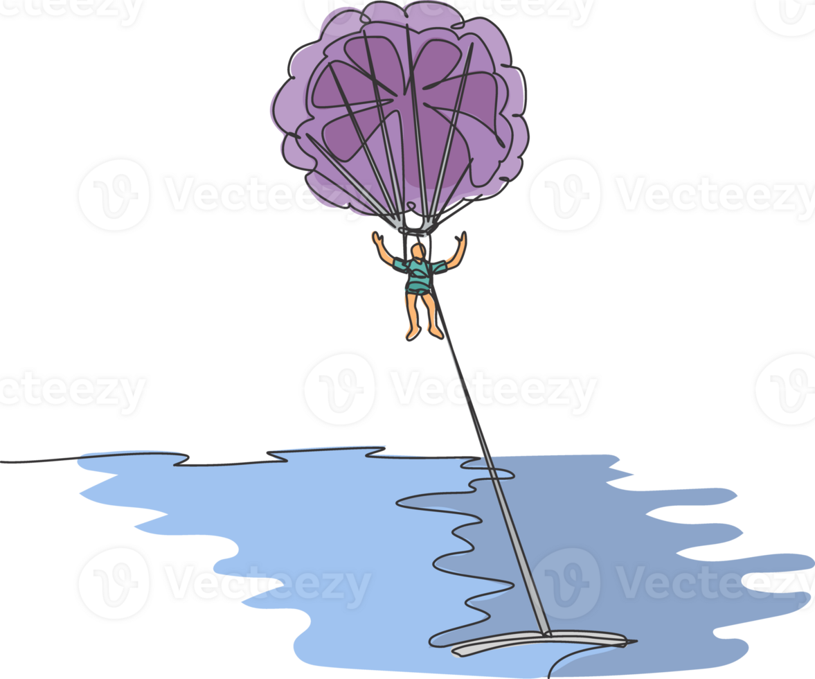 One single line drawing of young sporty man flying with parasailing parachute on the sky pulled by boat graphic vector illustration. Extreme sport concept. Modern continuous line draw design png