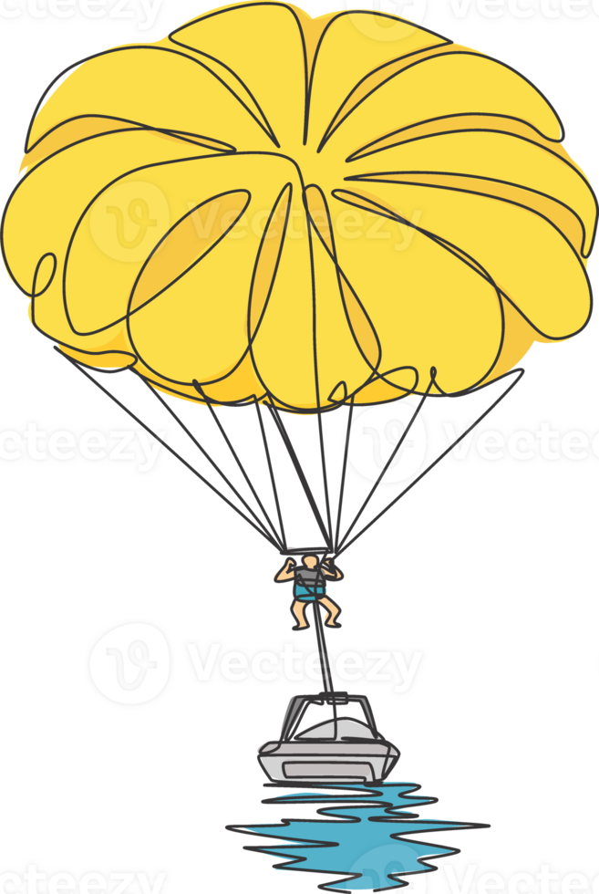 One continuous line drawing of young bravery man flying in sky using parasailing parachute behind a boat. Outdoor dangerous extreme sport concept. Dynamic single line draw design vector illustration png