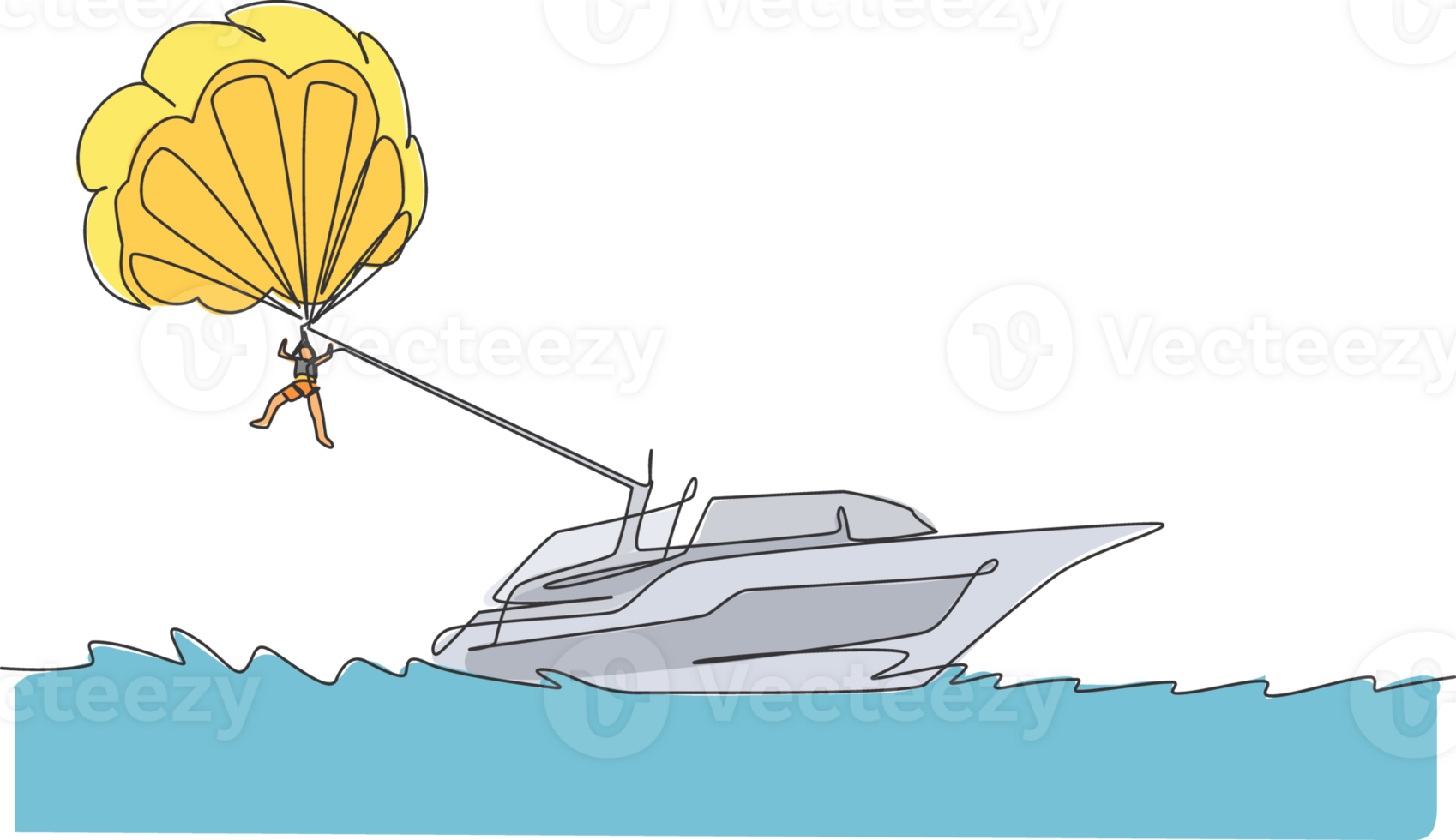 Single continuous line drawing of young tourist flying with parasailing parachute on the sky pulled by a boat. Extreme vacation holiday sport concept. Trendy one line draw design vector illustration png
