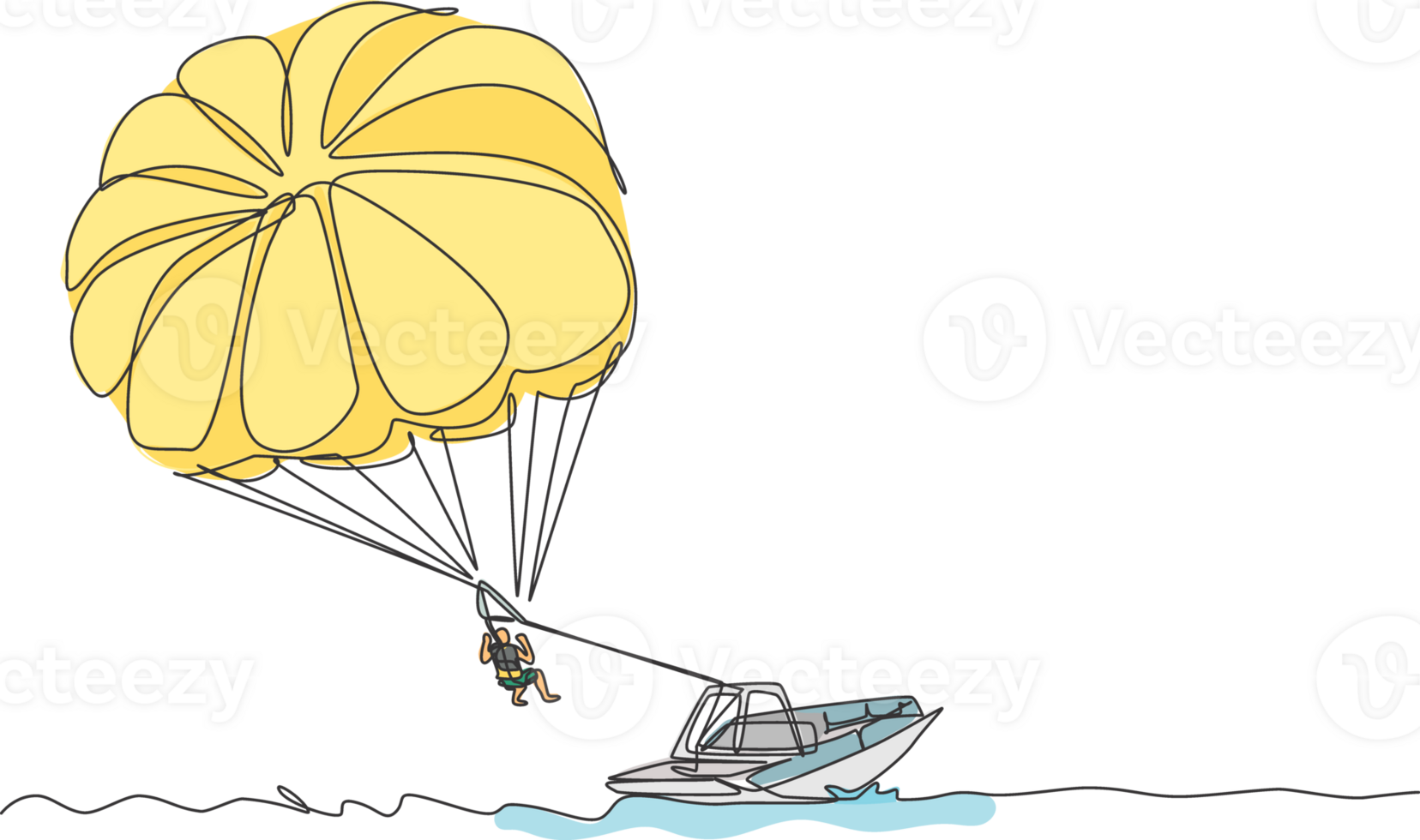 One continuous line drawing of young bravery flying in the sky using parasailing parachute behind the boat. Outdoor dangerous extreme sport concept. Dynamic single line draw design vector illustration png