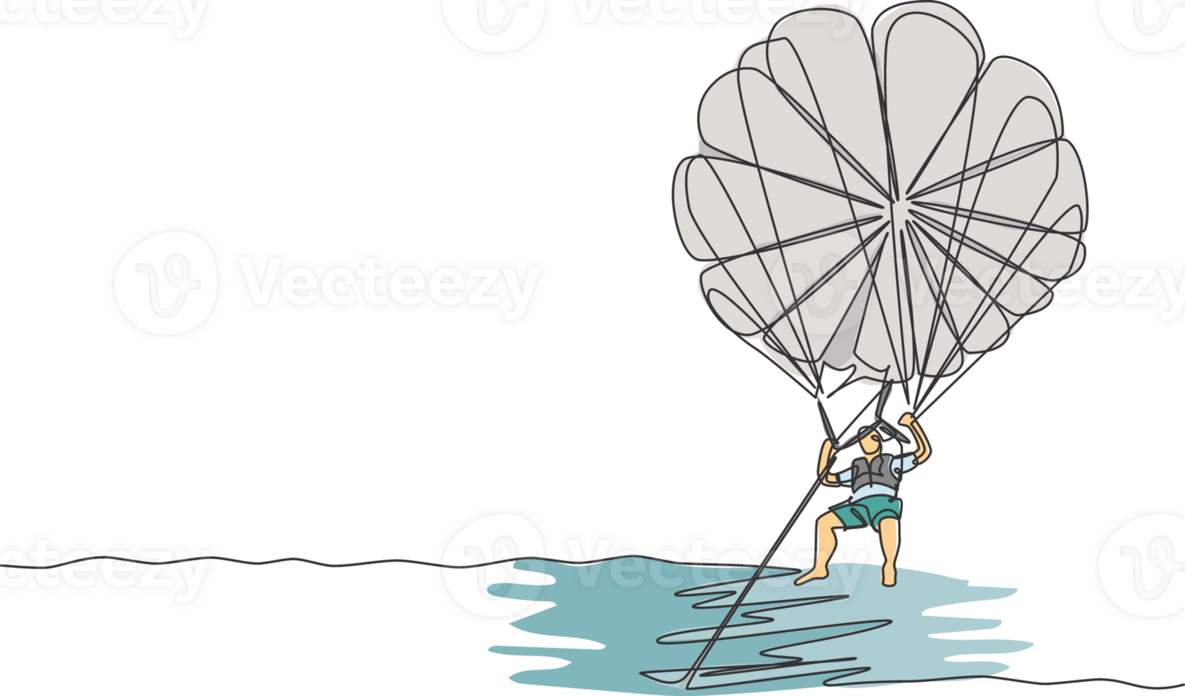 One continuous line drawing of young bravery man flying in the sky using parasailing parachute pulled by a boat. Outdoor dangerous extreme sport concept. Single line draw design vector illustration png