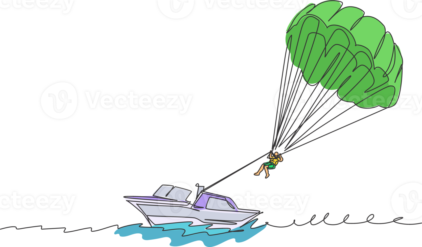 One single line drawing of young sporty man flying with parasailing parachute on the sky pulled by a boat vector graphic illustration. Extreme sport concept. Modern continuous line draw design png