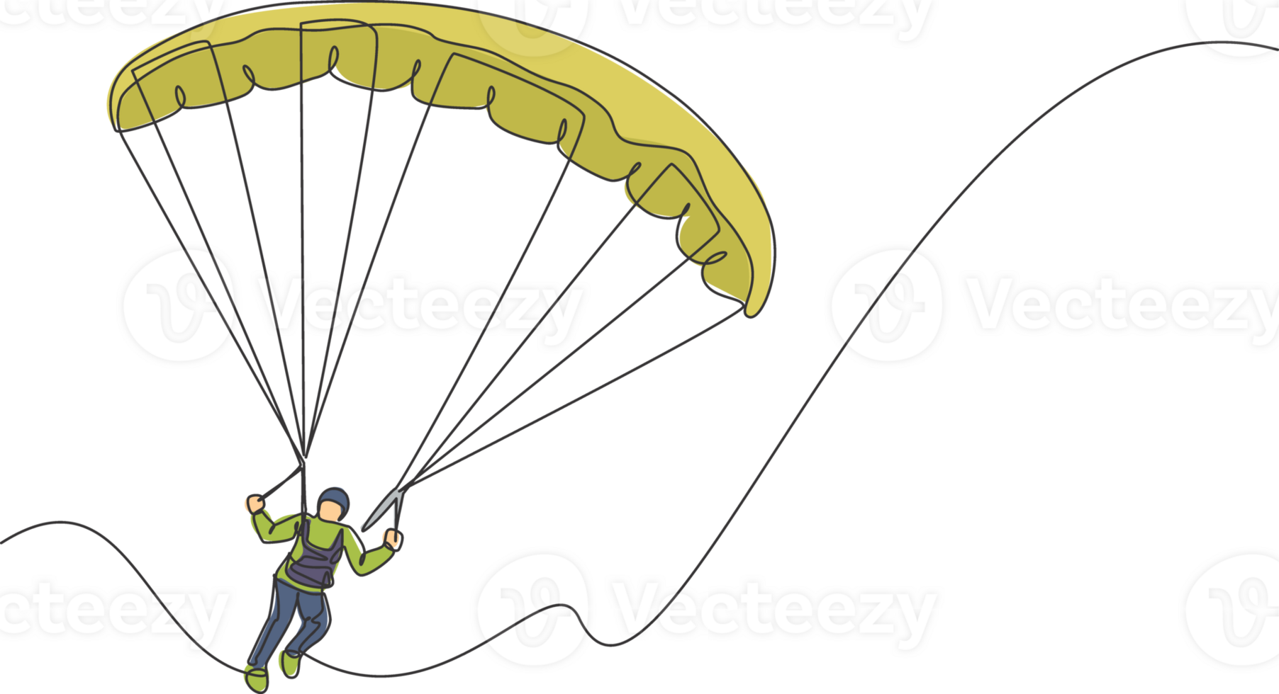 One continuous line drawing of young bravery man flying in the sky using paragliding parachute. Outdoor dangerous extreme sport concept. Dynamic single line draw design vector graphic illustration png