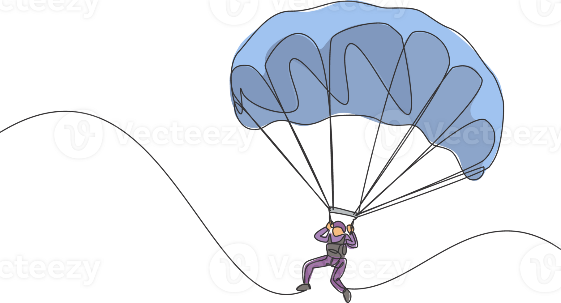 Single continuous line drawing of young tourist man flying with paragliding parachute on the sky. Extreme vacation holiday sport concept. Trendy one line draw design vector graphic illustration png