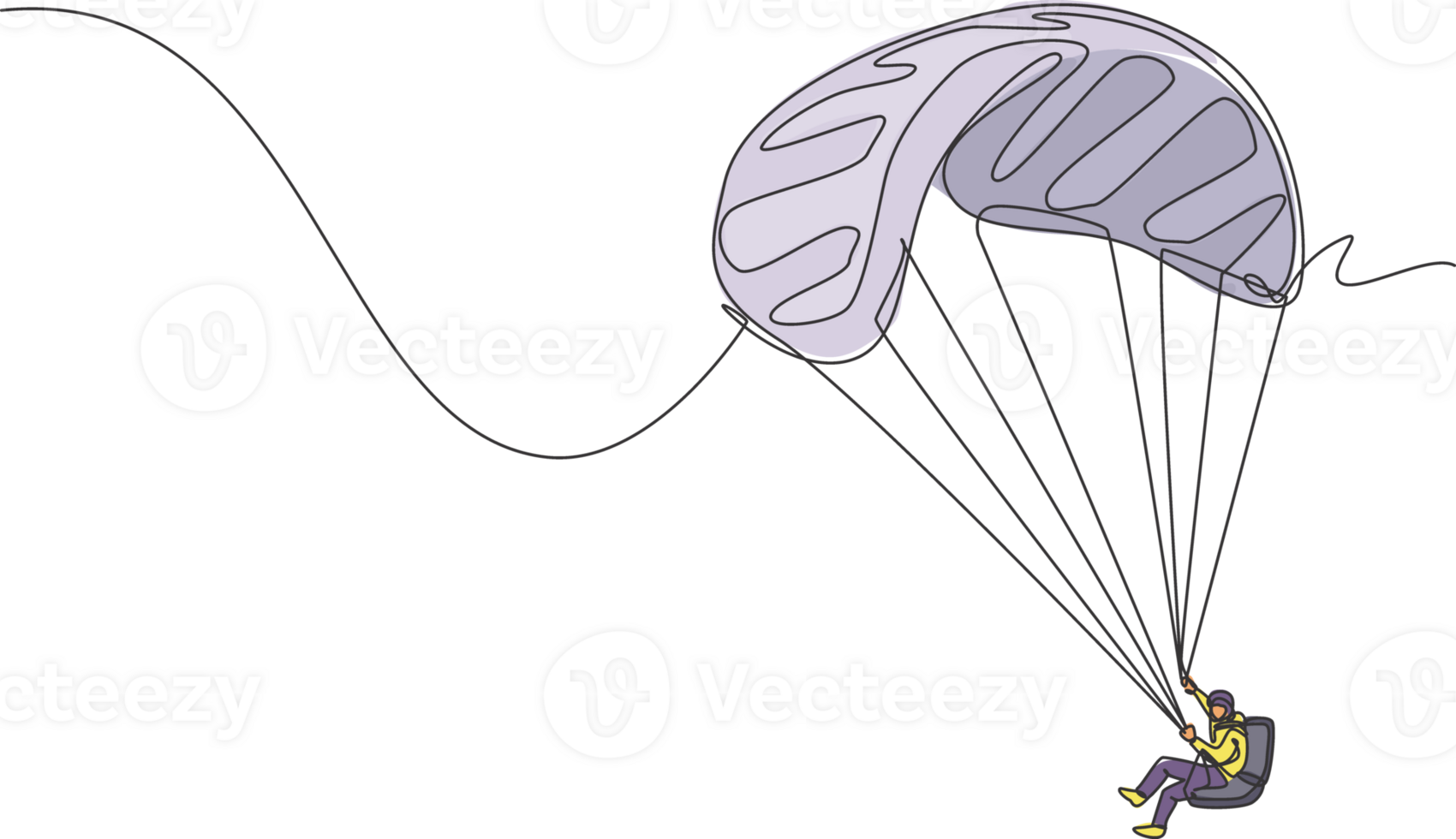 Single continuous line drawing of young tourist man flying with paragliding parachute on the sky. Extreme vacation holiday sport concept. Trendy one line draw design vector graphic illustration png
