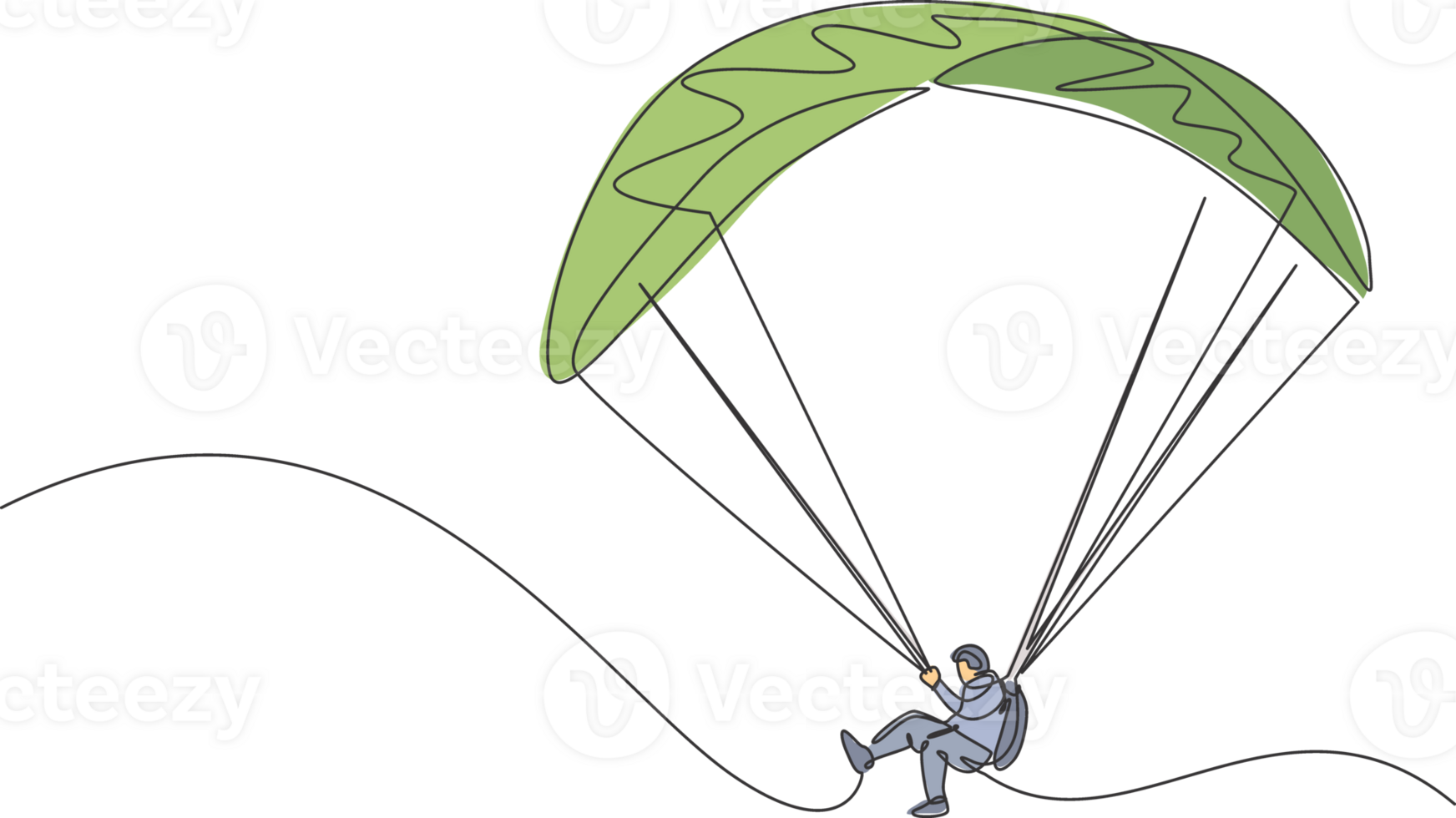 un disegno a linea continua di un giovane coraggioso che vola nel cielo usando il paracadute del parapendio. concetto di sport estremo pericoloso all'aperto. illustrazione vettoriale di disegno grafico dinamico a linea singola png