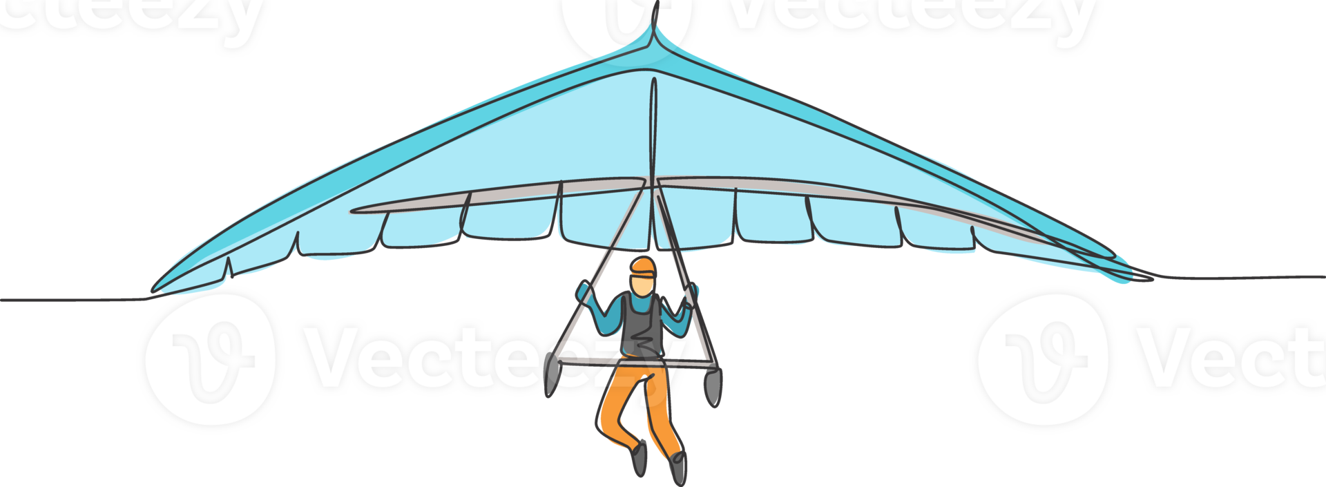 Single continuous line drawing of young tourist man flying with hang gliding parachute on the sky. Extreme vacation holiday sport concept. Trendy one line draw design graphic vector illustration png