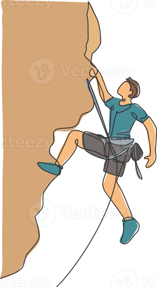 Single continuous line drawing of young muscular rockclimber man climbing hanging on mountain grip. Outdoor active lifestyle and rock climbing concept. Trendy one line draw design illustration png