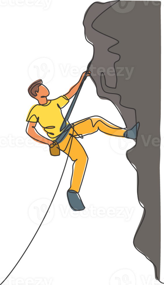 un Célibataire ligne dessin de Jeune actif homme escalade sur falaise Montagne en portant sécurité corde graphique illustration. extrême Extérieur sport et bloc concept. moderne continu ligne dessiner conception png