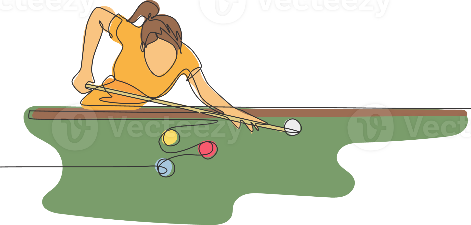 One continuous line drawing of young handsome man focus aiming before hit the pool billiard balls with stick. Tournament indoor sport game concept. Dynamic single line draw design illustration png