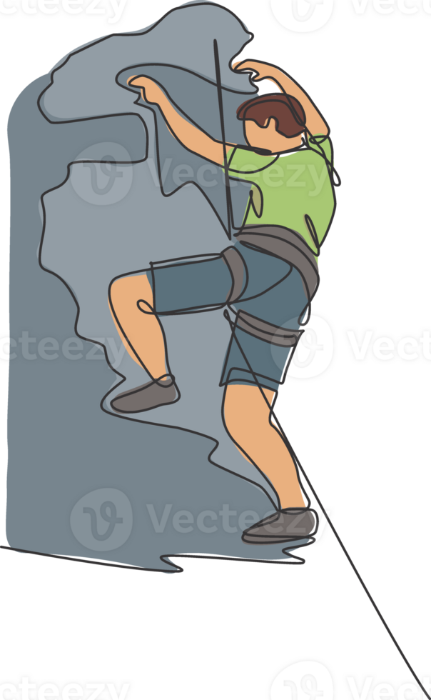 One continuous line drawing of young bravery climber man practice overhanging rock cliff mountain with safety rope. Dangerous extreme sport concept. Dynamic single line draw design illustration png