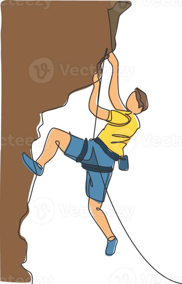Single continuous line drawing of young muscular rockclimber man climbing hanging on mountain grip. Outdoor active lifestyle and rock climbing concept. Trendy one line draw design illustration png