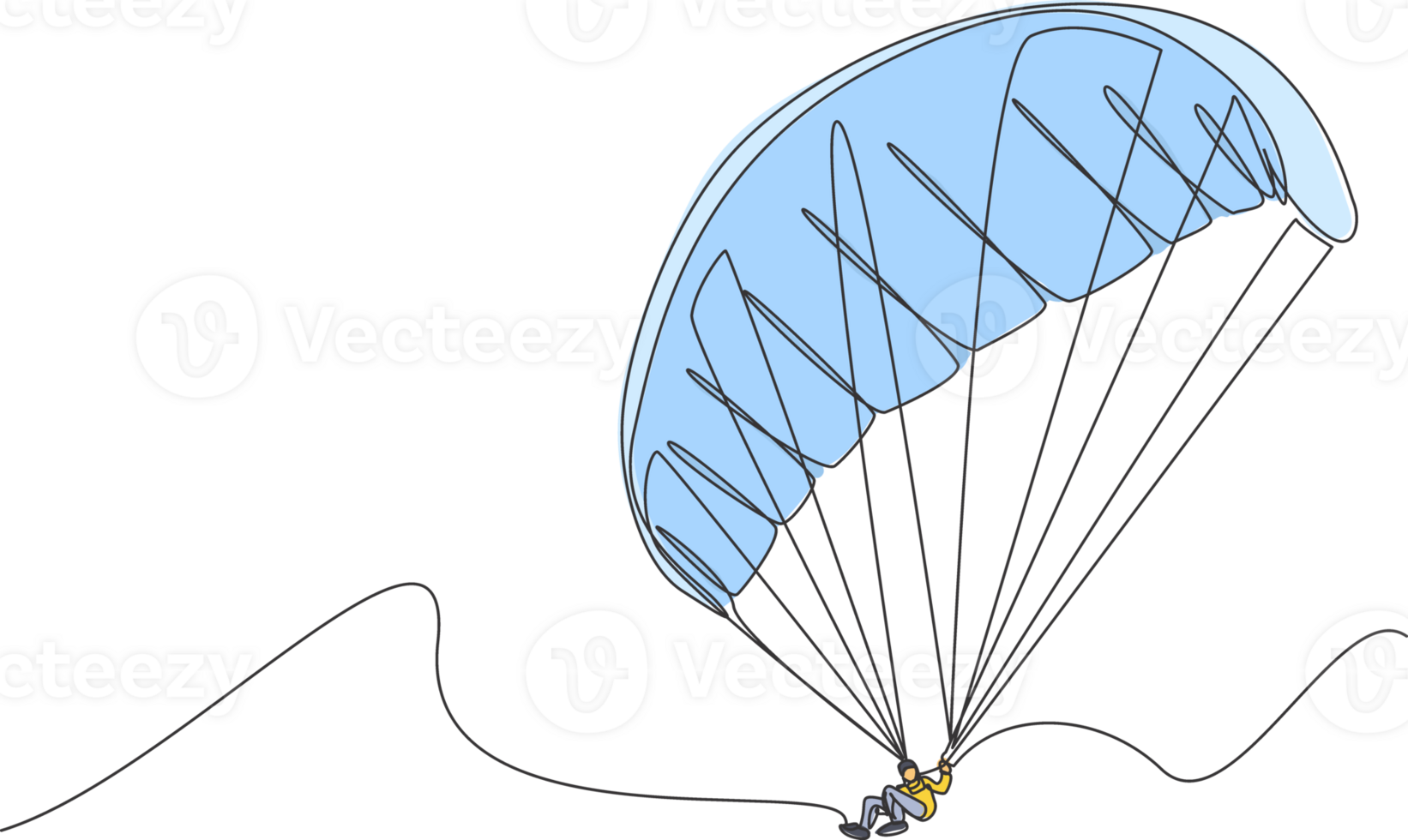 Single continuous line drawing of young tourist man flying with paragliding parachute on the sky. Extreme vacation holiday sport concept. Trendy one line draw design vector graphic illustration png