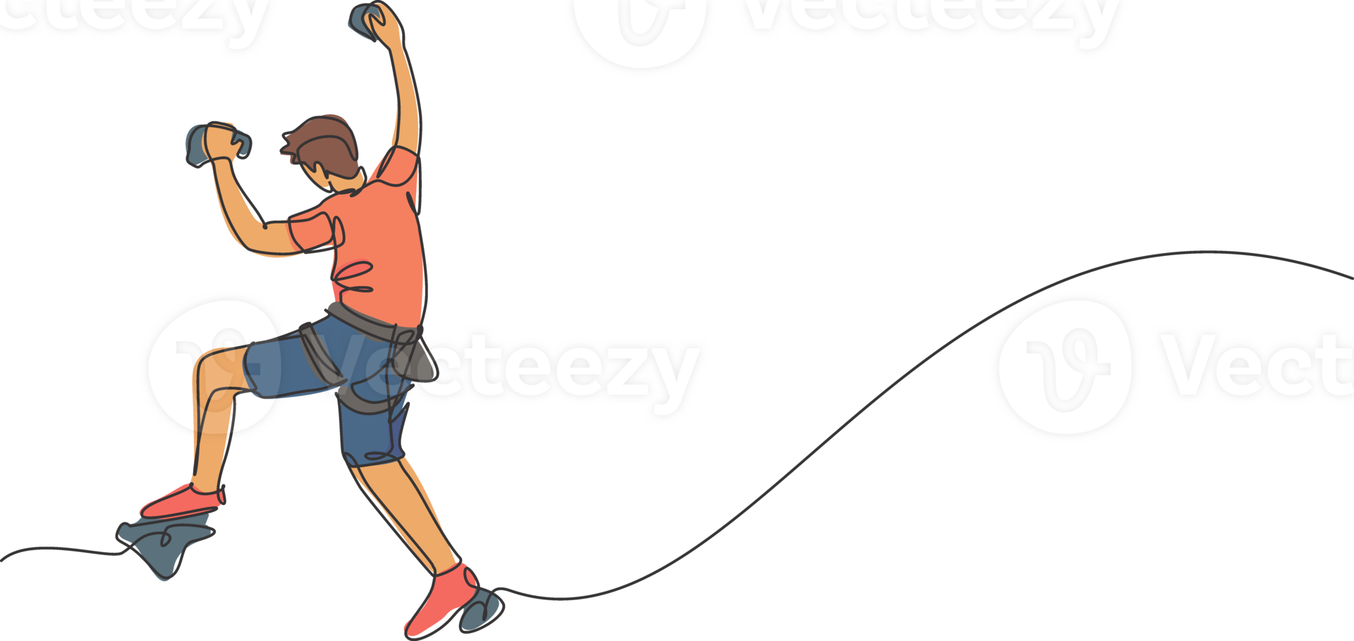 One single line drawing of young active man climbing on cliff mountain holding safety rope graphic illustration. Extreme outdoor sport and bouldering concept. Modern continuous line draw design png