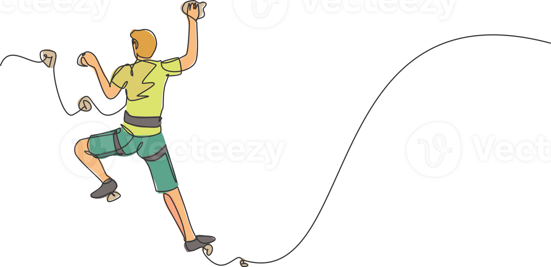 ett kontinuerlig linje teckning av ung mod klättrare man öva utskjutande sten klippa berg med säkerhet rep. farlig extrem sport begrepp. dynamisk enda linje dra design illustration png