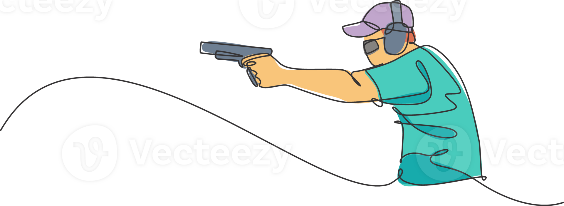 One single line drawing of young man practicing to shot target in range on shooting training ground graphic illustration. Clay pigeon shooting sport concept. Modern continuous line draw design png