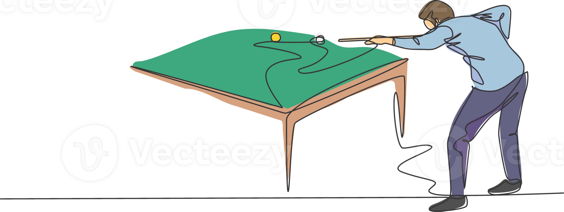 1 contínuo linha desenhando do jovem bonito homem foco visando antes bater a piscina de bilhar bolas com grudar. torneio interior esporte jogos conceito. dinâmico solteiro linha desenhar Projeto ilustração png