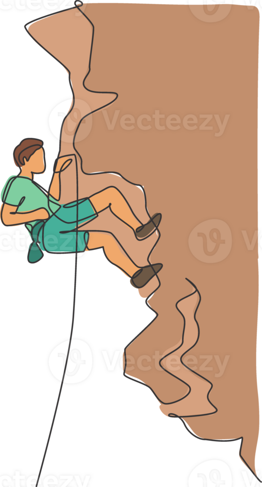 One single line drawing of young active man climbing on cliff mountain holding safety rope graphic illustration. Extreme outdoor sport and bouldering concept. Modern continuous line draw design png