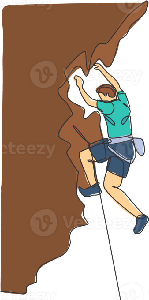 One continuous line drawing of young bravery climber man practice overhanging rock cliff mountain with safety rope. Dangerous extreme sport concept. Dynamic single line draw design illustration png