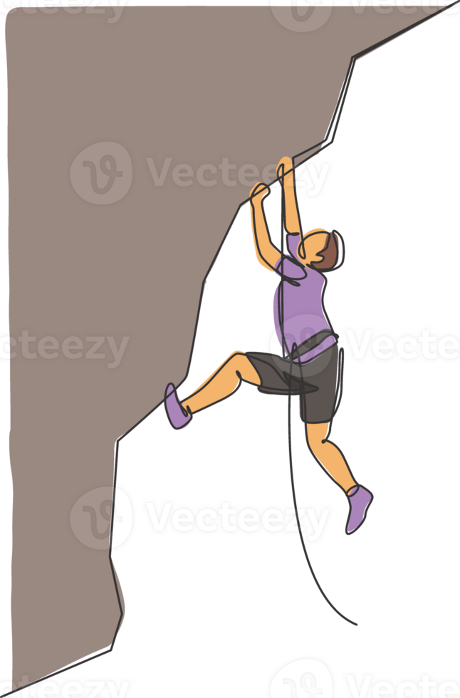 One single line drawing of young active man climbing on cliff mountain holding safety rope graphic illustration. Extreme outdoor sport and bouldering concept. Modern continuous line draw design png