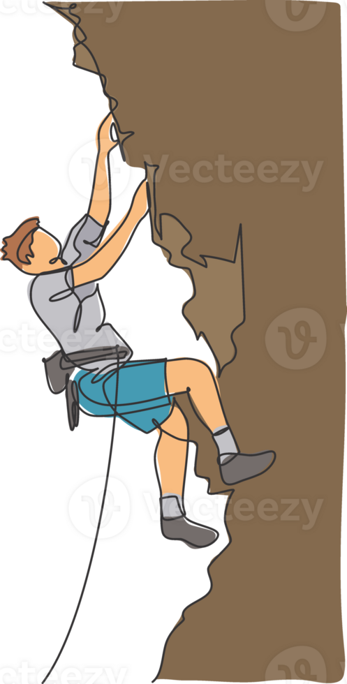 One single line drawing of young active man climbing on cliff mountain holding safety rope illustration graphic. Extreme outdoor sport and bouldering concept. Modern continuous line draw design png