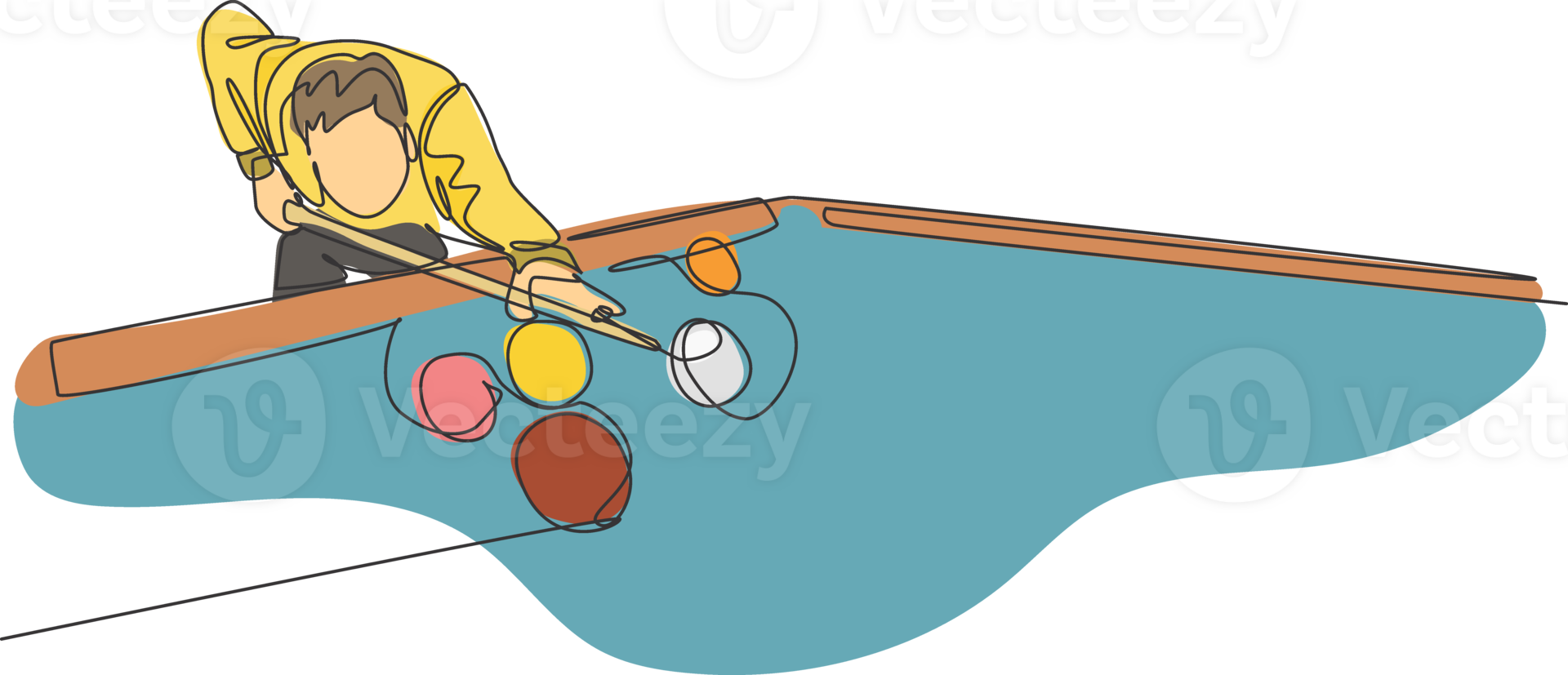 1 contínuo linha desenhando do jovem bonito homem foco visando antes bater a piscina de bilhar bolas com grudar. torneio interior esporte jogos conceito. dinâmico solteiro linha desenhar Projeto ilustração png