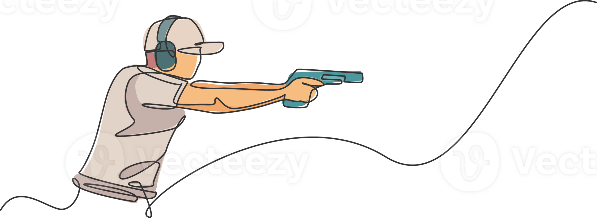 Single continuous line drawing of young athlete man shooter holding gun and training to aim target tactical shooting. Shooting sport training concept. Trendy one line draw design illustration png