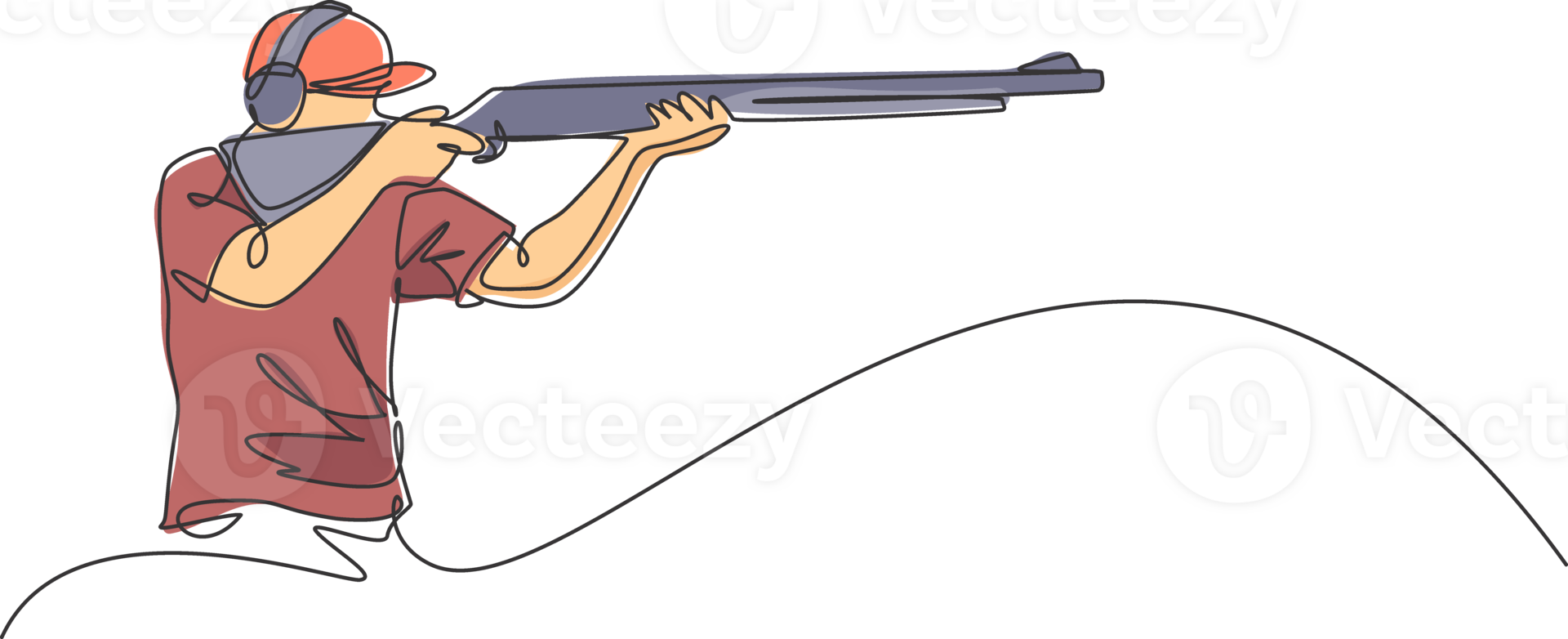 1 contínuo linha desenhando jovem homem em tiroteio Treinamento terra prática para concorrência com rifle pistola. ao ar livre tiroteio esporte conceito. dinâmico solteiro linha desenhar gráfico Projeto ilustração png